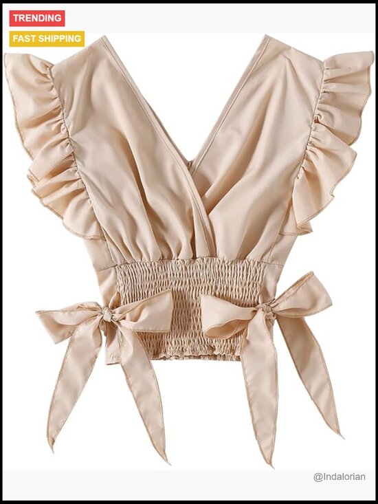 Tops - V-Neck Ruffle Cap Sleeve Side Bow Shirred Hem Crop Tank Top